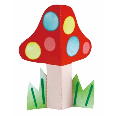 Cogumelo de papel dobrável vermelho com bolinhas coloridas e folhas verdes na base