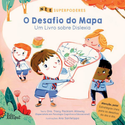 Capa de livro infantil sobre dislexia com crianças e mapa colorido