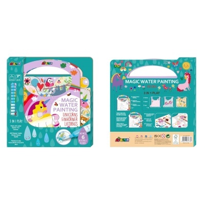 Conjunto pintura mágica unicórnio com bolsa, pincel e folhas em embalagem azul e lilás