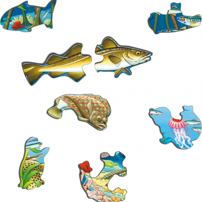 Peças de puzzle de peixes e criaturas marinhas coloridas