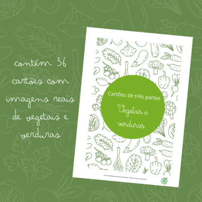 Cartão educativo sobre vegetais e verduras com design verde e branco.