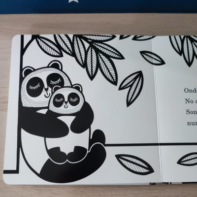 Ilustração a preto e branco de pandas abraçados num livro aberto
