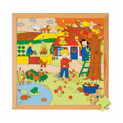 Quebra-cabeças de madeira com imagem campestre colorida e peça solta com etiqueta