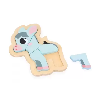 Puzzle de madeira de burro azul claro com uma peça fora do tabuleiro