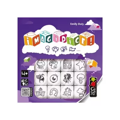 Caixa do jogo de tabuleiro IMAGIDICE! com dados ilustrados e fundo roxo