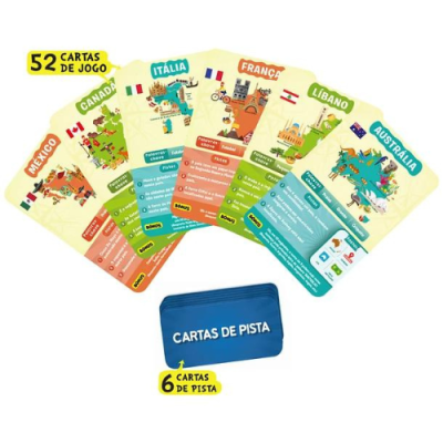 Conjunto de cartas de jogo de países com 52 cartas principais e 6 cartas de pista
