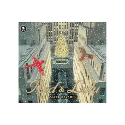 Capa de álbum com edifícios, árvore de Natal iluminada e duas figuras voadoras vestidas de vermelho