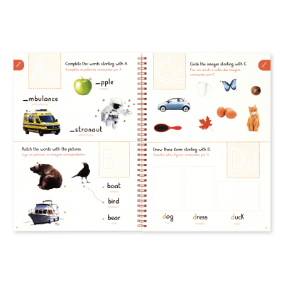 Livro educativo com exercícios ilustrados para crianças, dividido por letras do alfabeto e palavras em inglês e português.