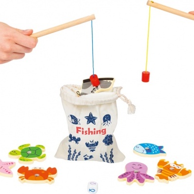 Jogo de pesca infantil com varas de madeira, peixes e saco Fishing