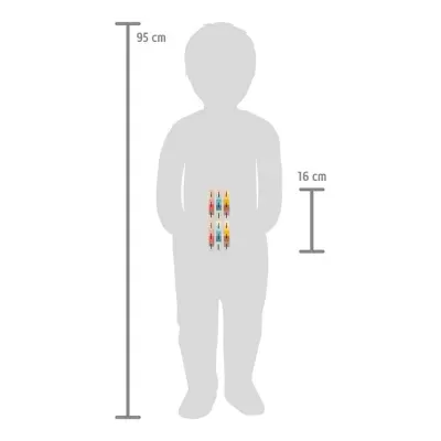 Ilustração de criança cinzenta com altura e largura indicadas e faixa colorida na zona abdominal