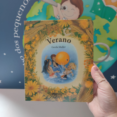 Capa de livro infantil 'Verano' com ilustração de crianças a brincar na água e flores amarelas