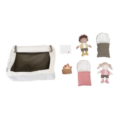 Conjunto de brinquedos de pelúcia infantil com cama, bonecas, sacos de dormir e acessórios