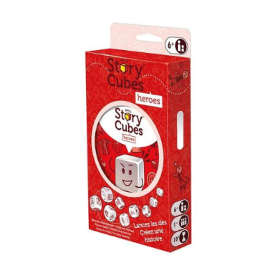 Pacote vermelho do jogo Story Cubes heroes com cubos ilustrados e texto em francês