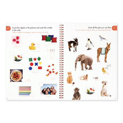 Livro de atividades infantis com desenhos e instruções bilíngues abertas nas páginas