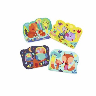 Quatro livros infantis com ilustrações coloridas de animais em diferentes cenários