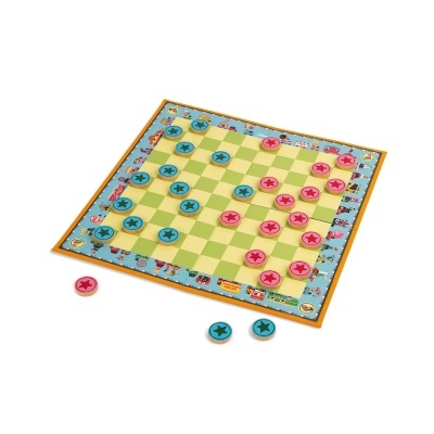 Jogo de damas colorido com peças rosa e azul sobre tabuleiro quadriculado verde e bege com borda ilustrada