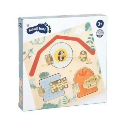 Caixa de brinquedo educativas com fechos metálicos e desenhos coloridos