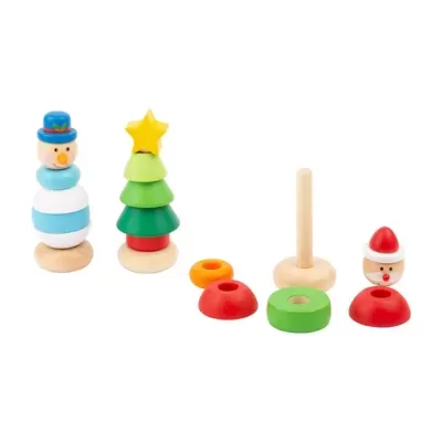 Brinquedos de madeira desmontáveis em formas de boneco de neve, árvore de Natal e Pai Natal, com anéis coloridos para empilhar.