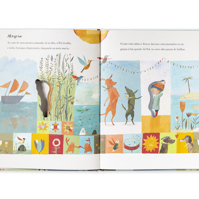 Livro ilustrado aberto com desenhos coloridos e texto em português