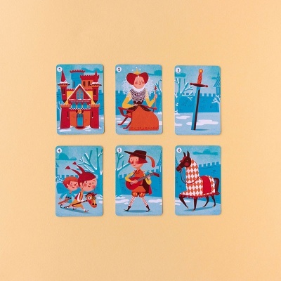 Seis cartas ilustradas de baralho infantil com personagens e itens medievais