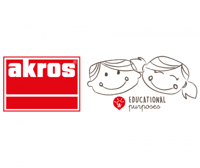 Logótipo akros e ilustração de menino e menina com texto educativo