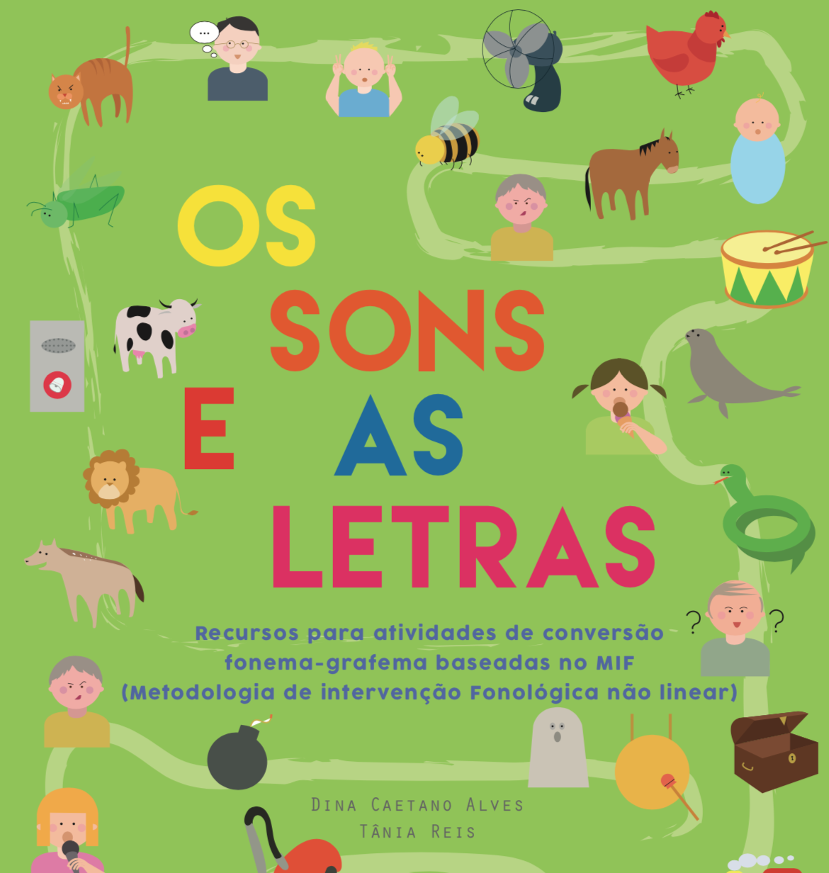Os Sons e as Letras Capa de livro educativa com título colorido e ilustrações de animais e pessoas em fundo verde claro