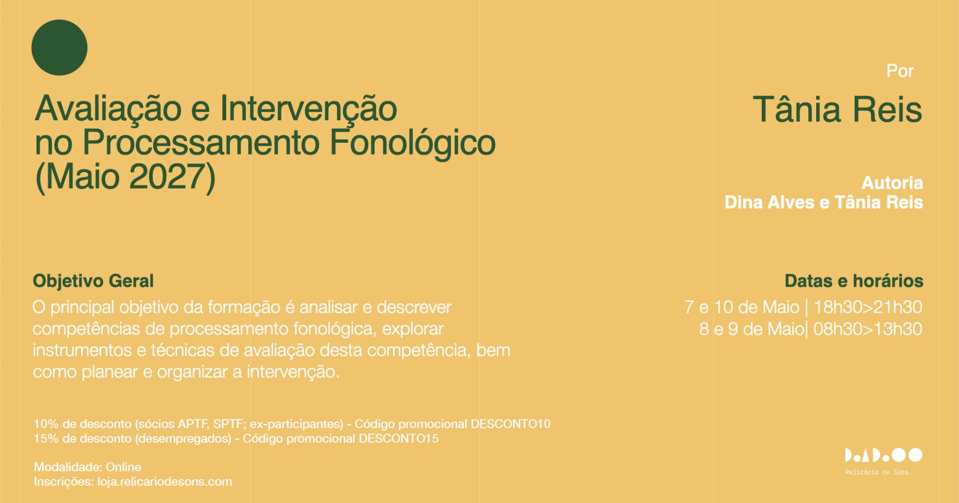 Avaliação e Intervenção em Processamento Fonológico (Maio 2027) Flyer digital amarelo com texto verde e branco sobre formação online Avaliação e Intervenção no Processamento Fonológico em maio de 2027