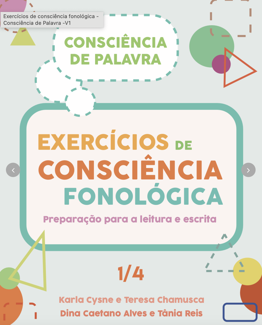 PACK Exercícios de Consciência Fonológica - v1 + v2 Capa de material educativo com texto em destaque e gráficos geométricos coloridos