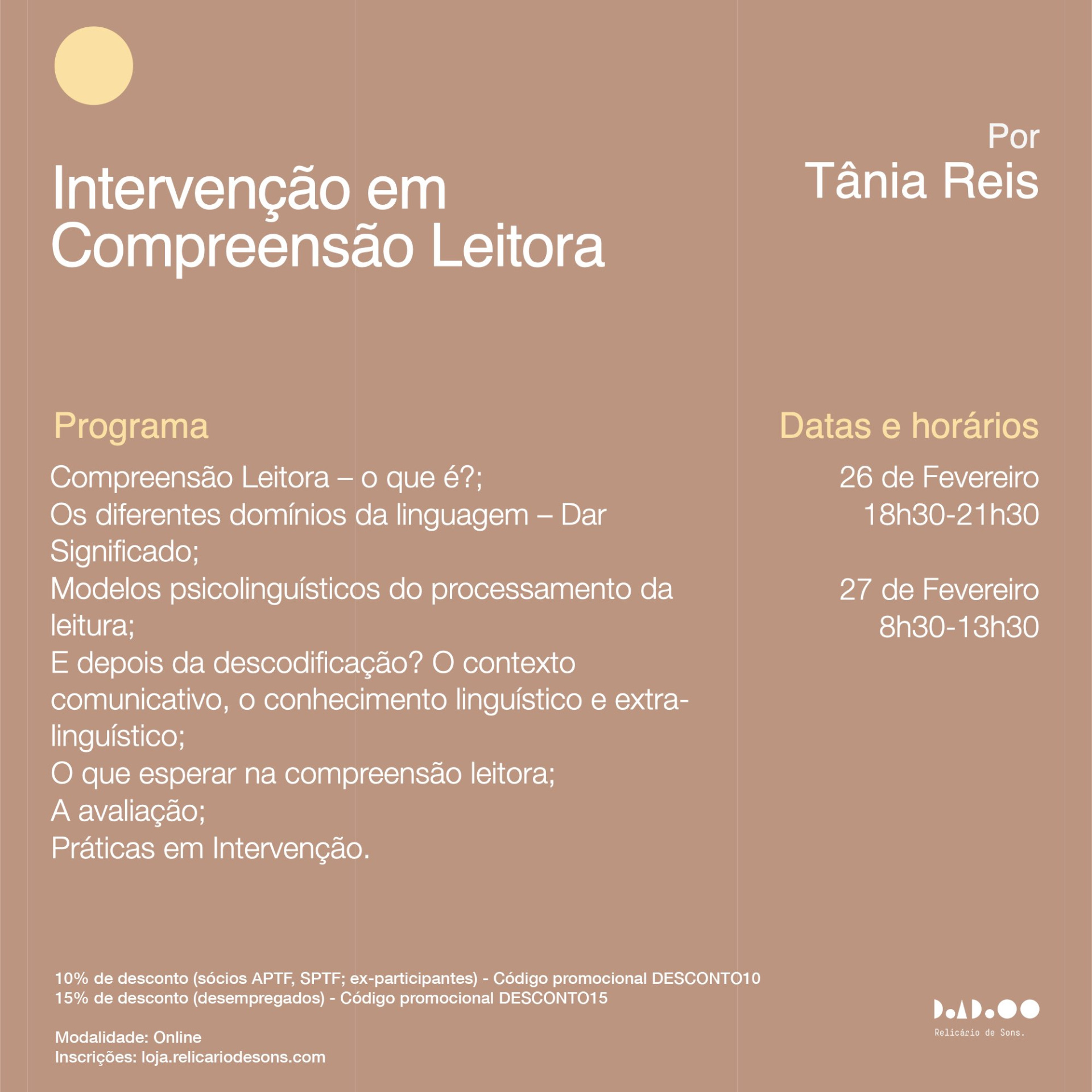 Intervenção em Compreensão Leitora (Fevereiro 2027) Flyer de programa sobre intervenção em compreensão leitora por Tânia Reis com datas, horários e descontos