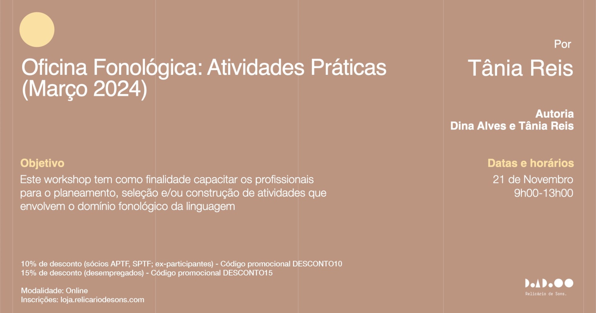 Oficina Fonológica: Atividades Práticas (Novembro 2026) Imagem com texto informativo sobre workshop de oficina fonológica em fundo castanho claro