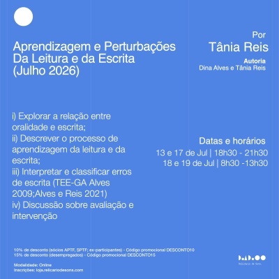 Cartaz azul com texto branco sobre curso online de leitura e escrita em julho 2026