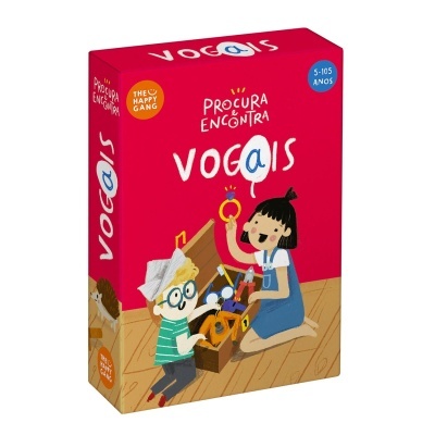 Caixa vermelha do jogo 'Procura e Encontra Vogais' com ilustração de crianças a brincar