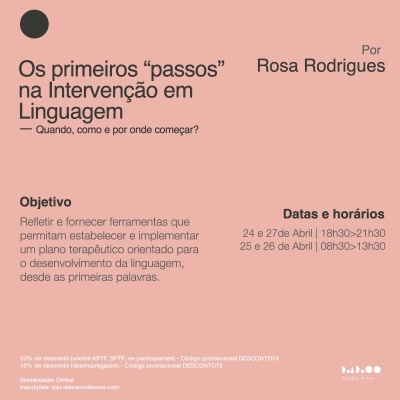 Cartaz rosa com texto sobre curso de linguagem e informações de datas e inscrições.