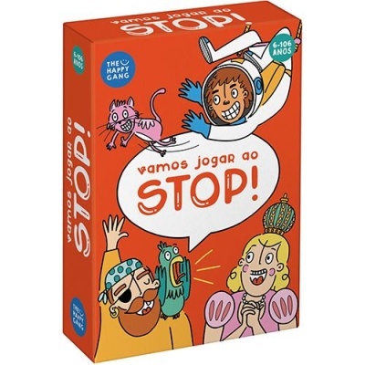 Caixa do jogo 'vamos jogar ao STOP!' com fundo laranja e ilustrações coloridas de personagens animados.