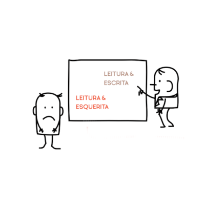 Desenho de duas figuras com um quadro contendo textos em castanho e vermelho