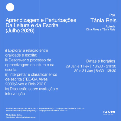 Cartaz digital azul com texto branco sobre curso online Aprendizagem e Perturbações Da Leitura e da Escrita com datas e descontos