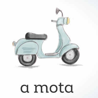 Desenho de mota azul clara com texto 'a mota' em fundo branco