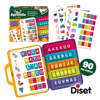 Jogo educativo 'Eu Aprendo a Ler' da Diset com letras coloridas e fichas ilustradas para aprender a ler.