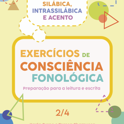 Capa colorida com formas geométricas e texto sobre consciência fonológica e exercício em português.