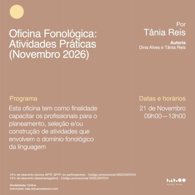 Cartaz castanho claro de oficina fonológica com texto em branco e amarelo