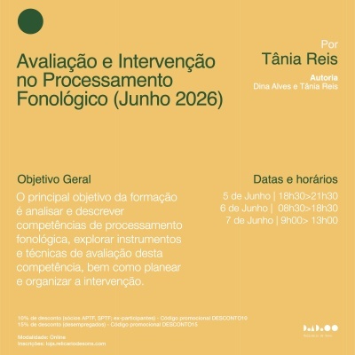 Anúncio digital em fundo laranja claro para curso de avaliação e intervenção no processamento fonológico com texto em verde e branco