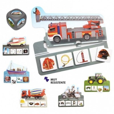 Brinquedos de veículos de emergência e trabalho com acessórios e símbolos de equipamentos de proteção