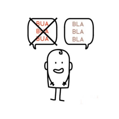 Desenho simples de uma figura humana com caixas de diálogo contendo textos