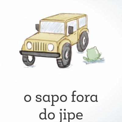 Desenho de jipe amarelo e rã verde com texto em português