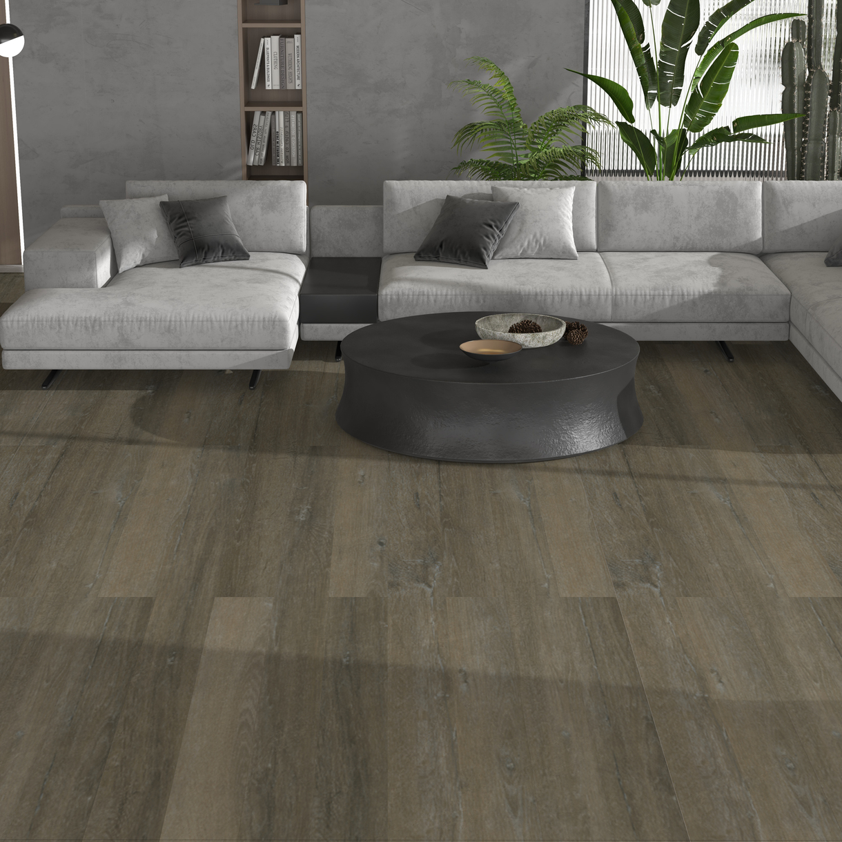 GRIT 1300 MORNA — Pavimento LVT & SPC Série VIVA Modern living room with light grey sectional sofa, black coffee table, wooden floor, and plants