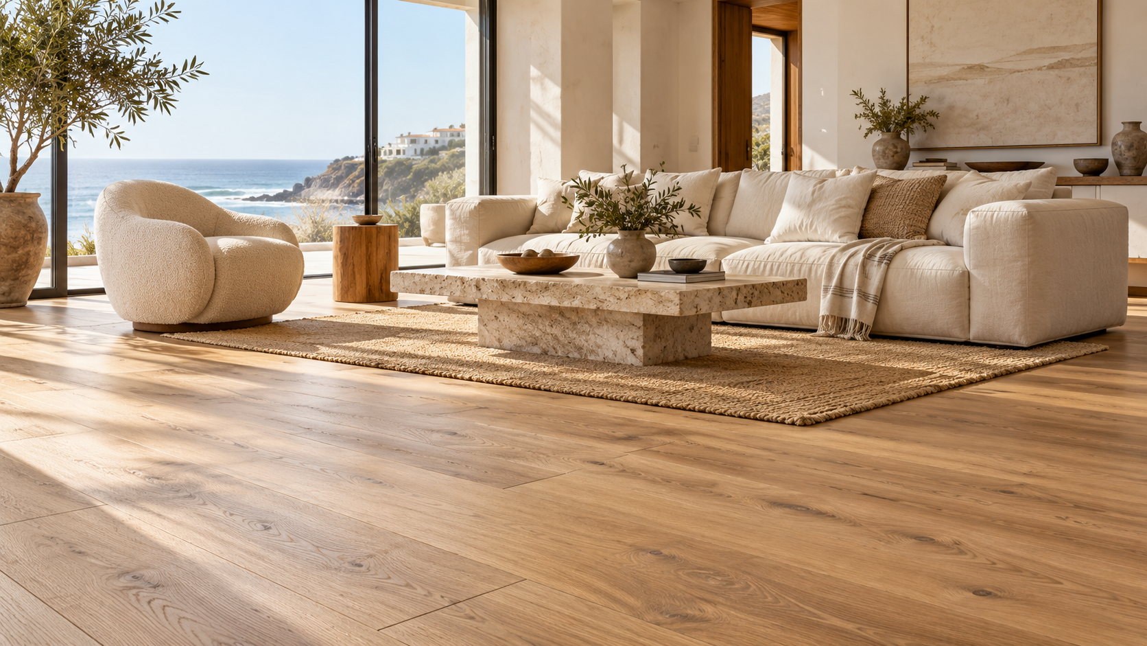 Sala de estar moderna com sofá e poltrona bege, mesa de pedra, tapete e vista para o mar