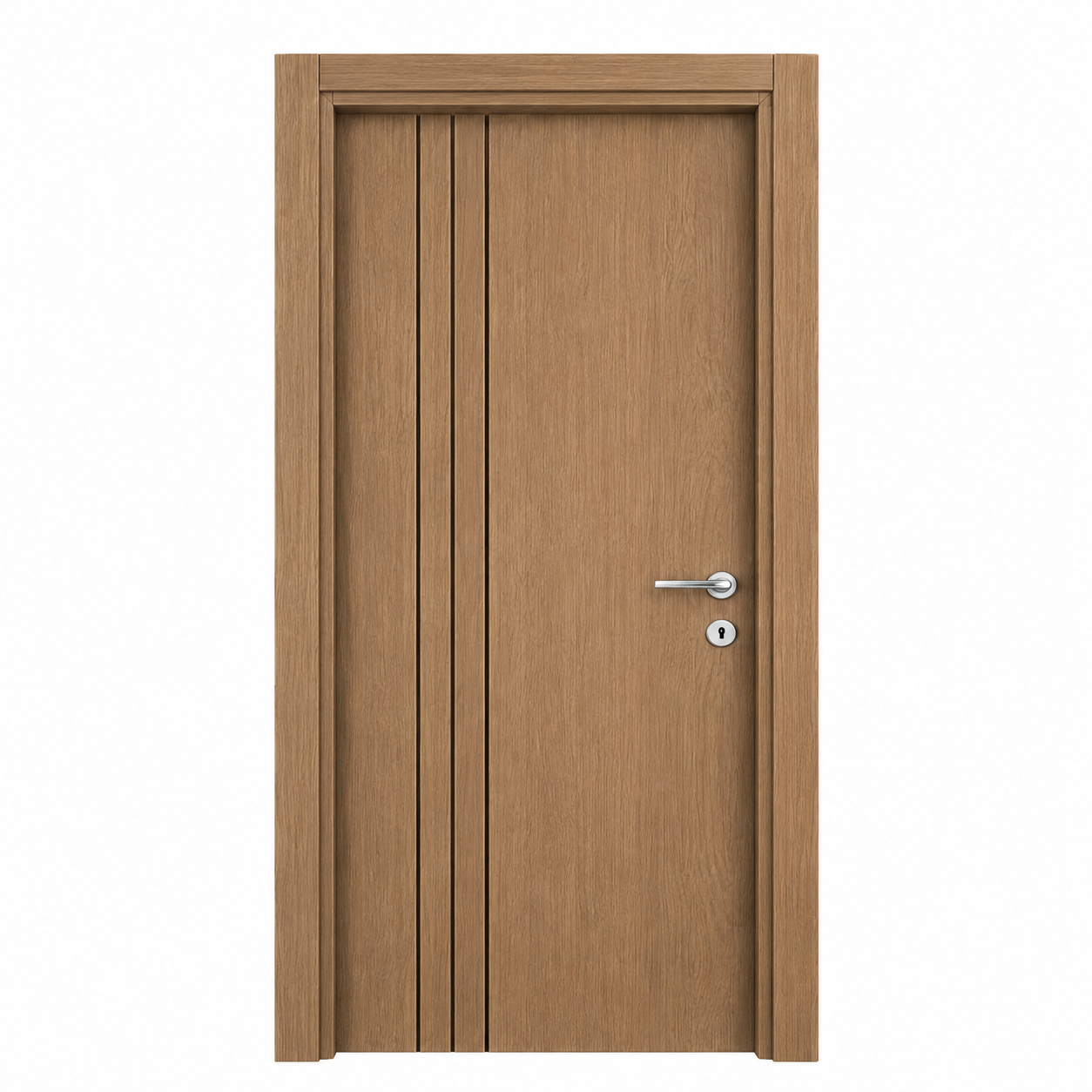 Porta Interior ADOKAPI ADO100 Tobacco | Série Deodora Porta interior de madeira castanha clara com três ranhuras verticais e maçaneta metálica.
