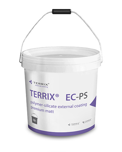Terrix EC-PS — Revestimento Exterior Polímero-Silicato Premium Mate Balde branco com tinta TERRIX EC-PS, capacidade 10 litros