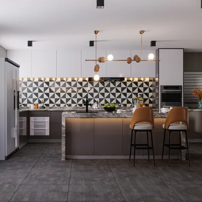 GRIT 8063 BASALT / EMBOSS — Pavimento SPC Série STONA Cozinha moderna com ilha em mármore, azulejos geométricos e cadeiras de bar castanhas
