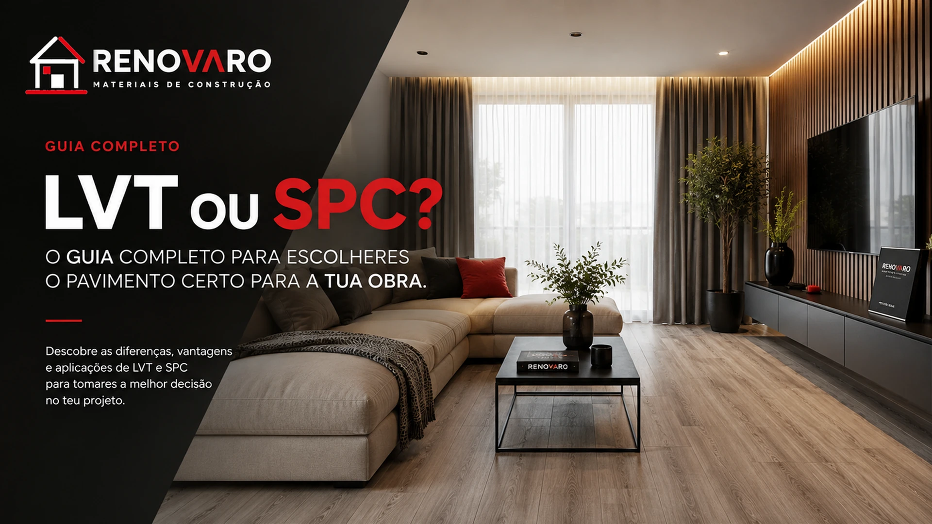 Sala de estar com pavimento madeira clara, sofá bege, e decoração moderna